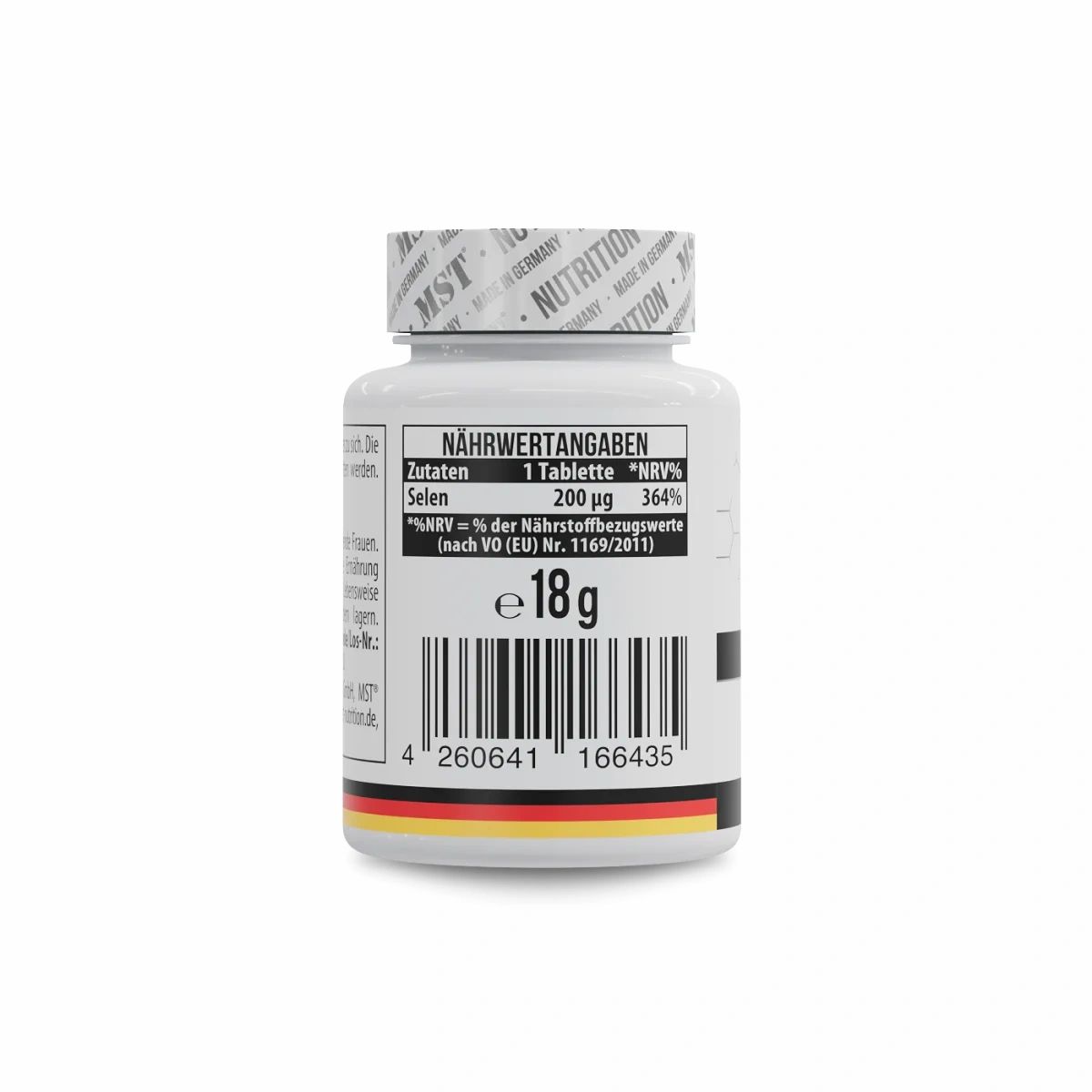 Rückseite einer weißen Tablettenflasche. Text in deutscher Sprache. Nährwertangaben für Selen. Barcode und Gewicht: 18g. Made in Germany.