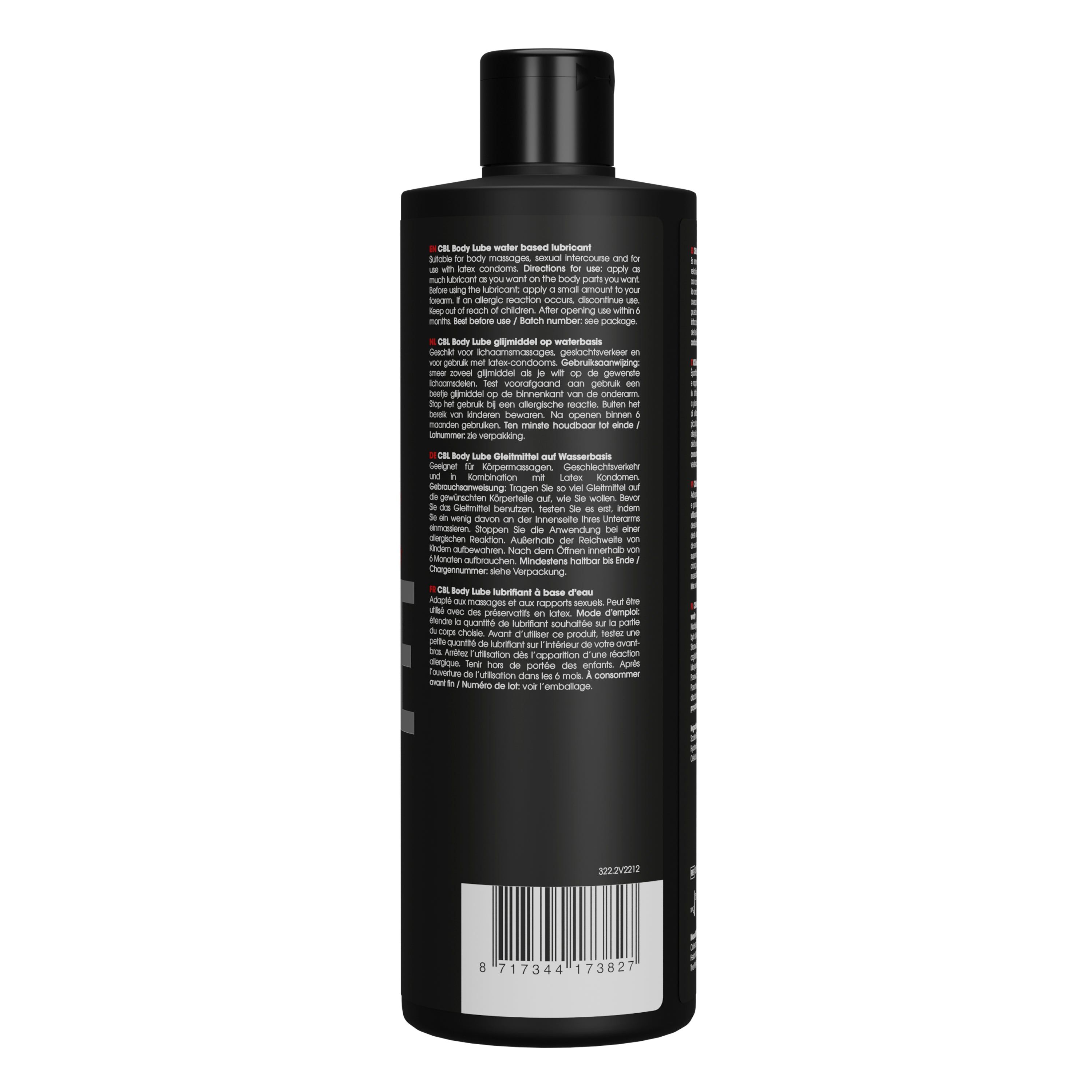Rückseite einer schwarzen Flasche. Text in mehreren Sprachen. Barcode unten. Marke Cobeco Bodylube.