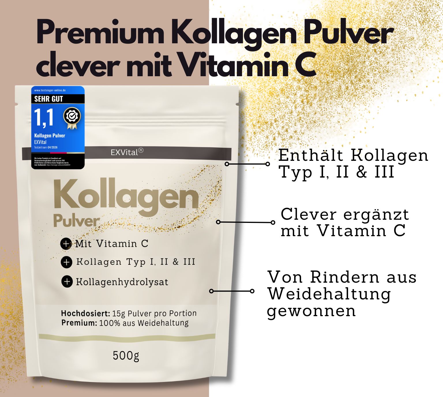 EXVital Kollagen Pulver mit Vitamin C, Typ I, II & III. 500g Beutel mit Siegel 'Sehr gut'.