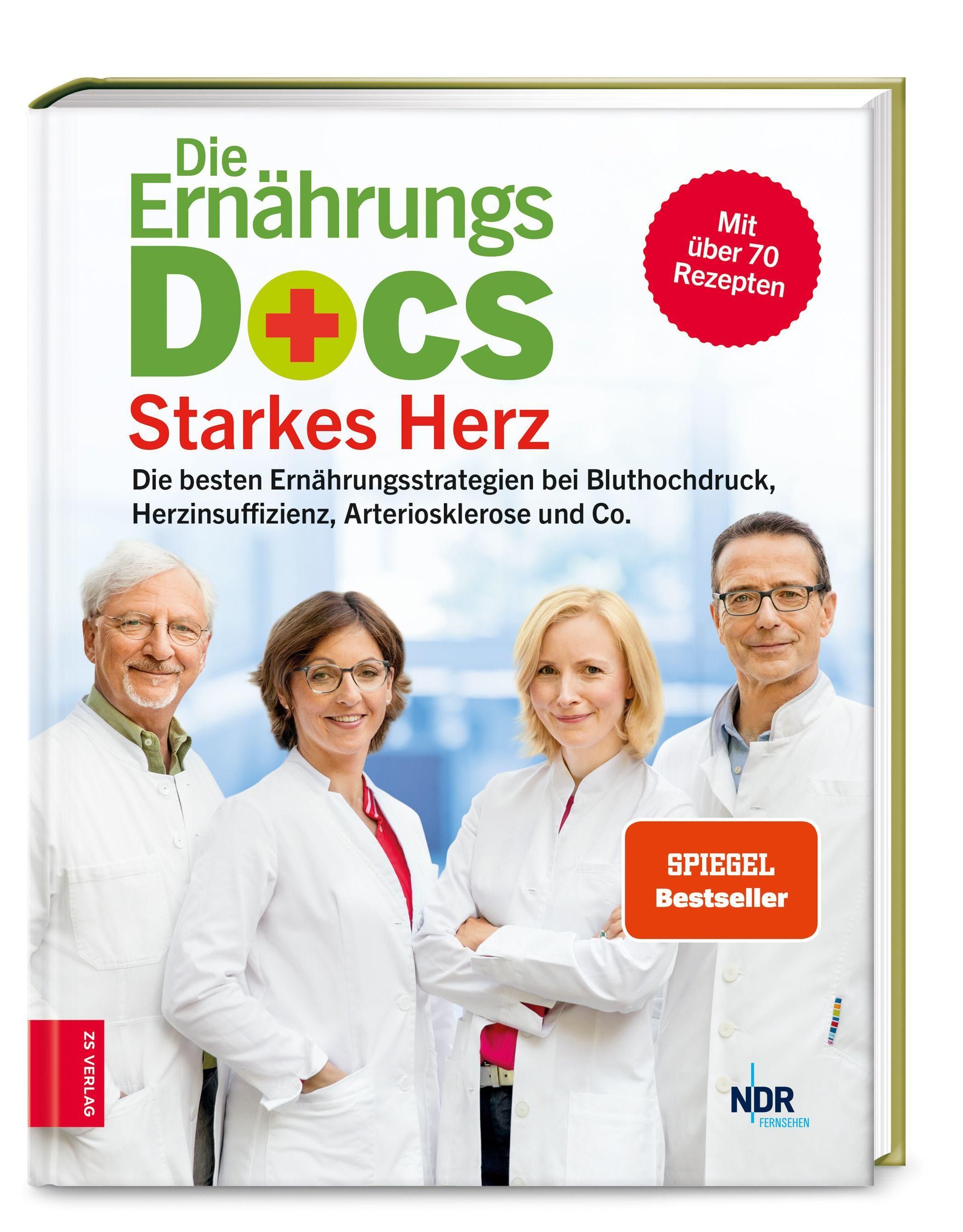 Buchcover: "Die Ernährungs-Docs - Starkes Herz". Ärzte-Team, grüner Hintergrund, roter Kreis mit Text. Spiegel Bestseller.