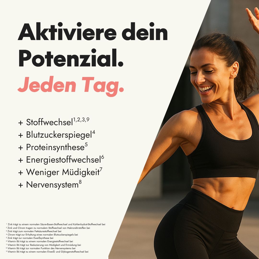 Frau beim Training. Text: Aktiviere dein Potenzial. Jeden Tag. Vorteile: Stoffwechsel, Blutzuckerspiegel, etc.