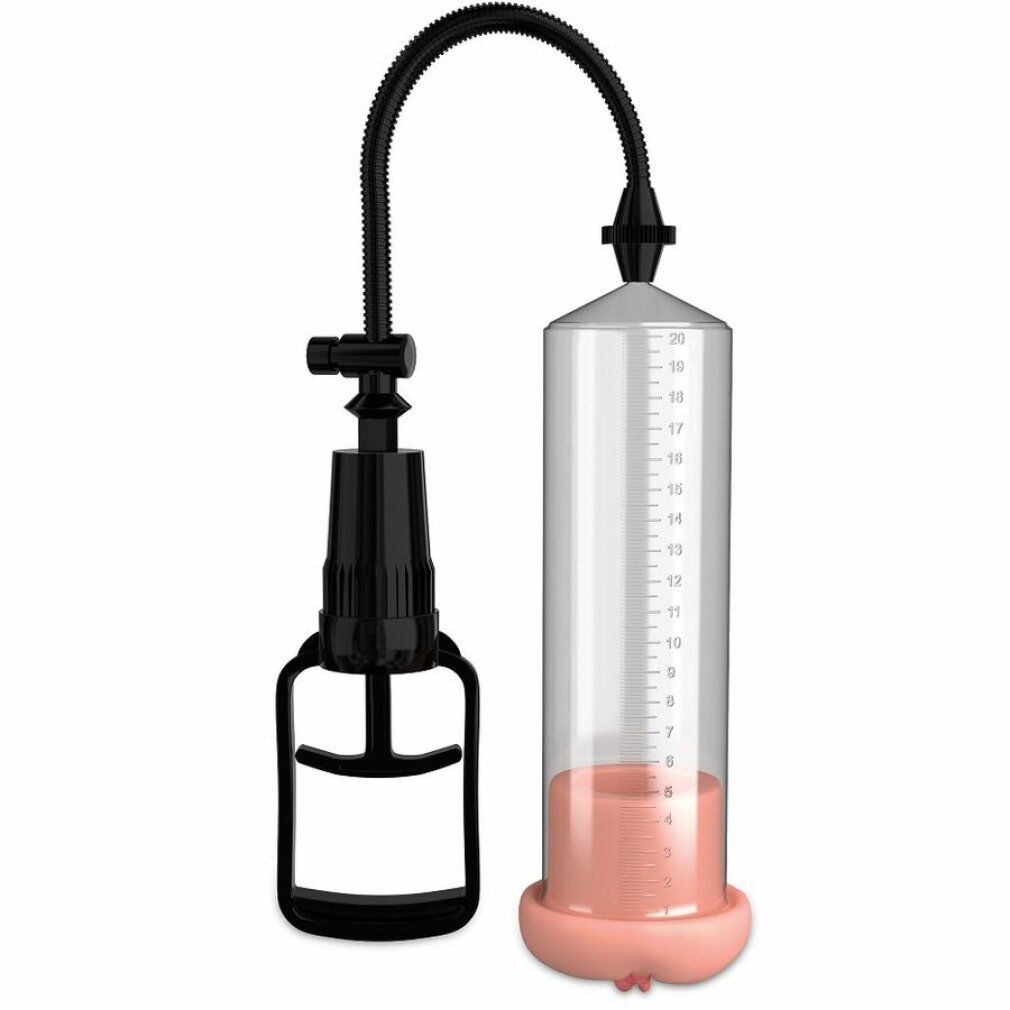 Pumpe mit Vagina-Öffnung. Schwarzer Griff und Schlauch. Skala am Zylinder. Rosa Öffnung. Flüssigkeit im Zylinder.