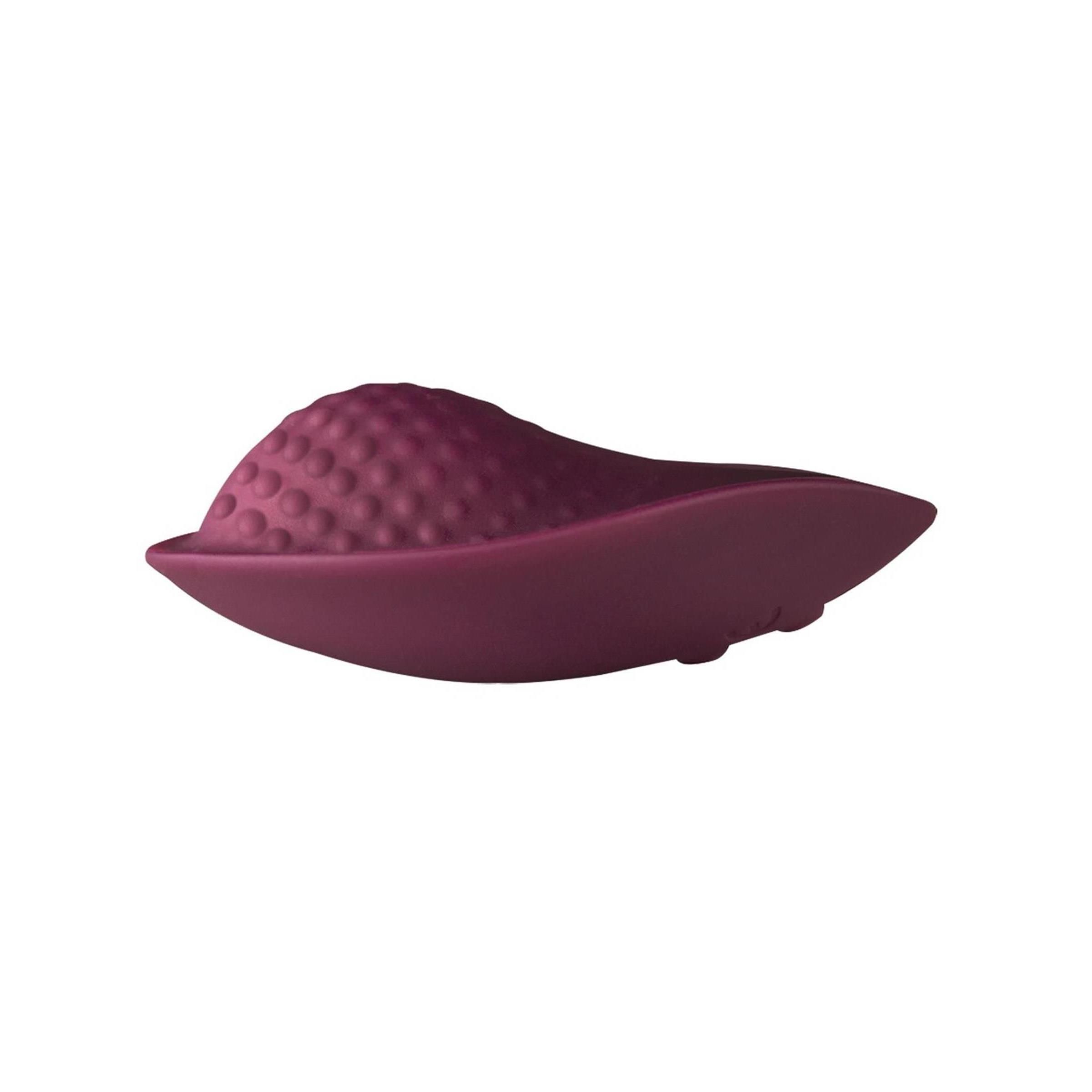 Dunkelrotes, ei-förmiges Produkt. Oberseite mit erhabenen Punkten. Unterseite flach.