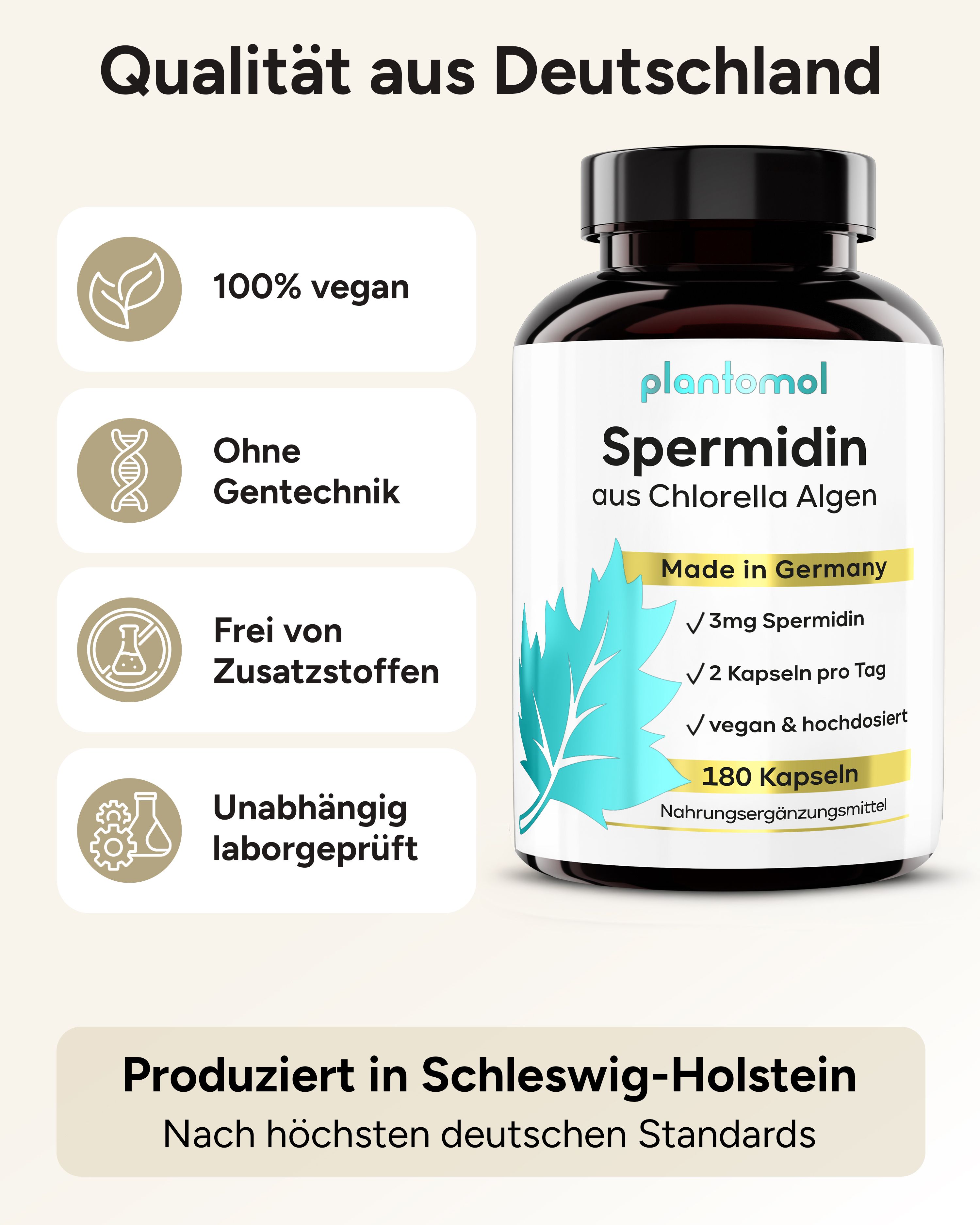 Produktflasche plantomol Spermidin aus Chlorella Algen. 100% vegan, ohne Gentechnik, frei von Zusatzstoffen, laborgeprüft. Hergestellt in Deutschland.