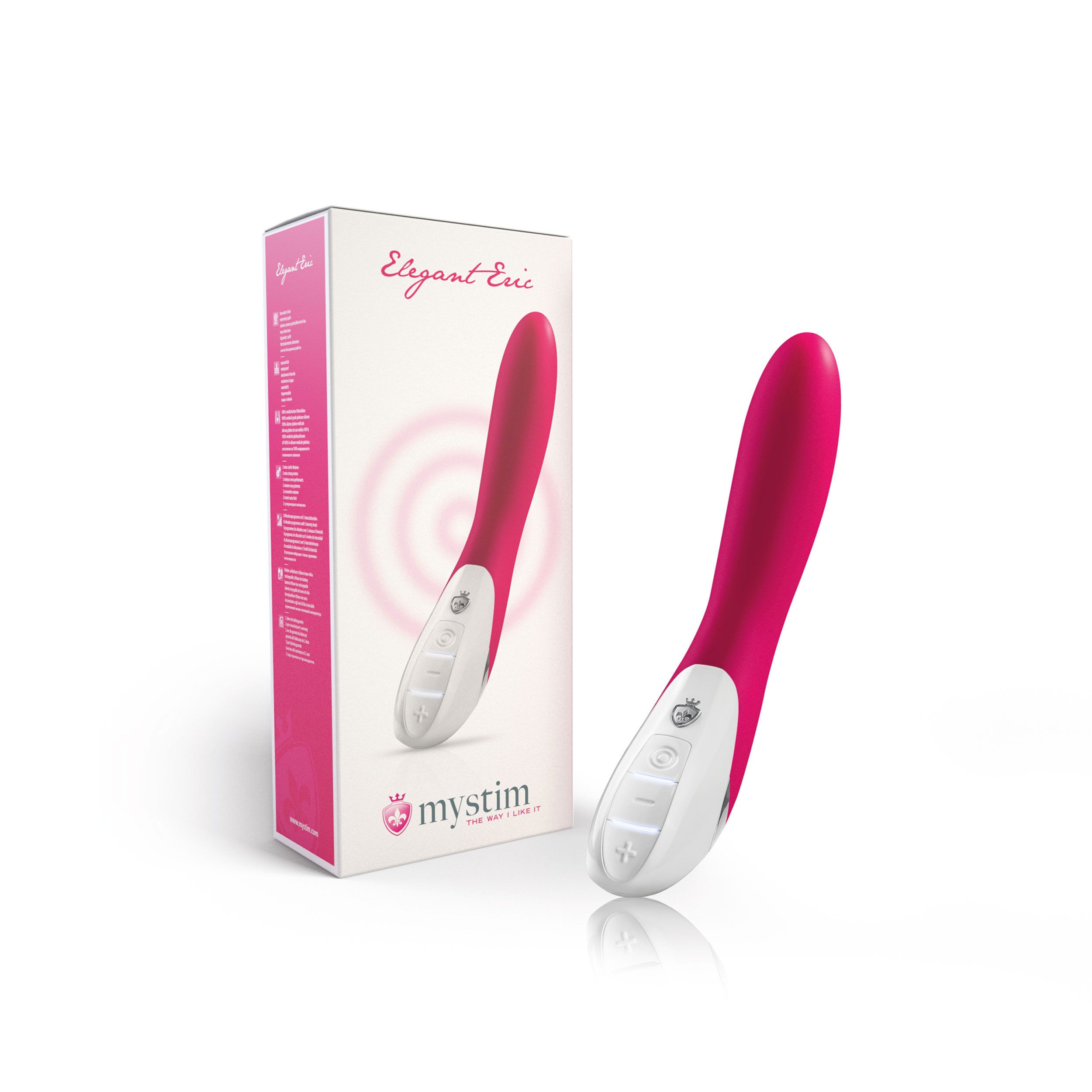 Pinkfarbener Vibrator und Verpackung. Auf der Verpackung steht: Elegant Eric. Logo.