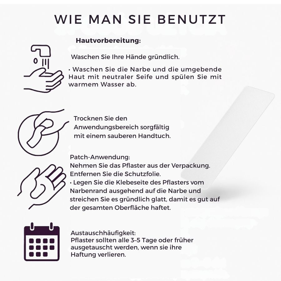 Illustrationen zeigen die Anwendung des Pflasters. Text: 'Wie man sie benutzt'.