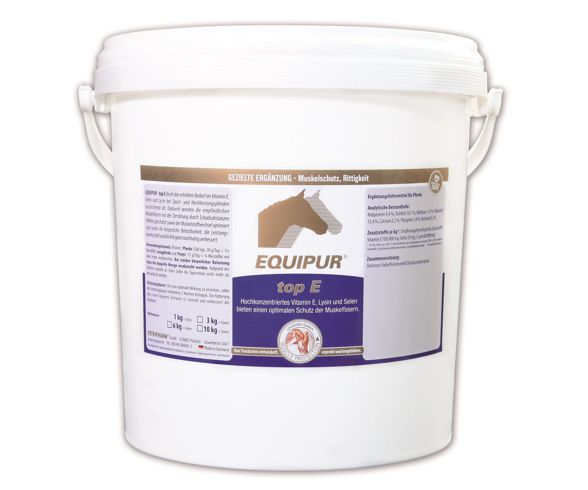 Weißer Eimer mit Griffen. Aufkleber mit Produktinformationen und Logo: EQUIPUR top E. Braunes Pferd-Symbol.