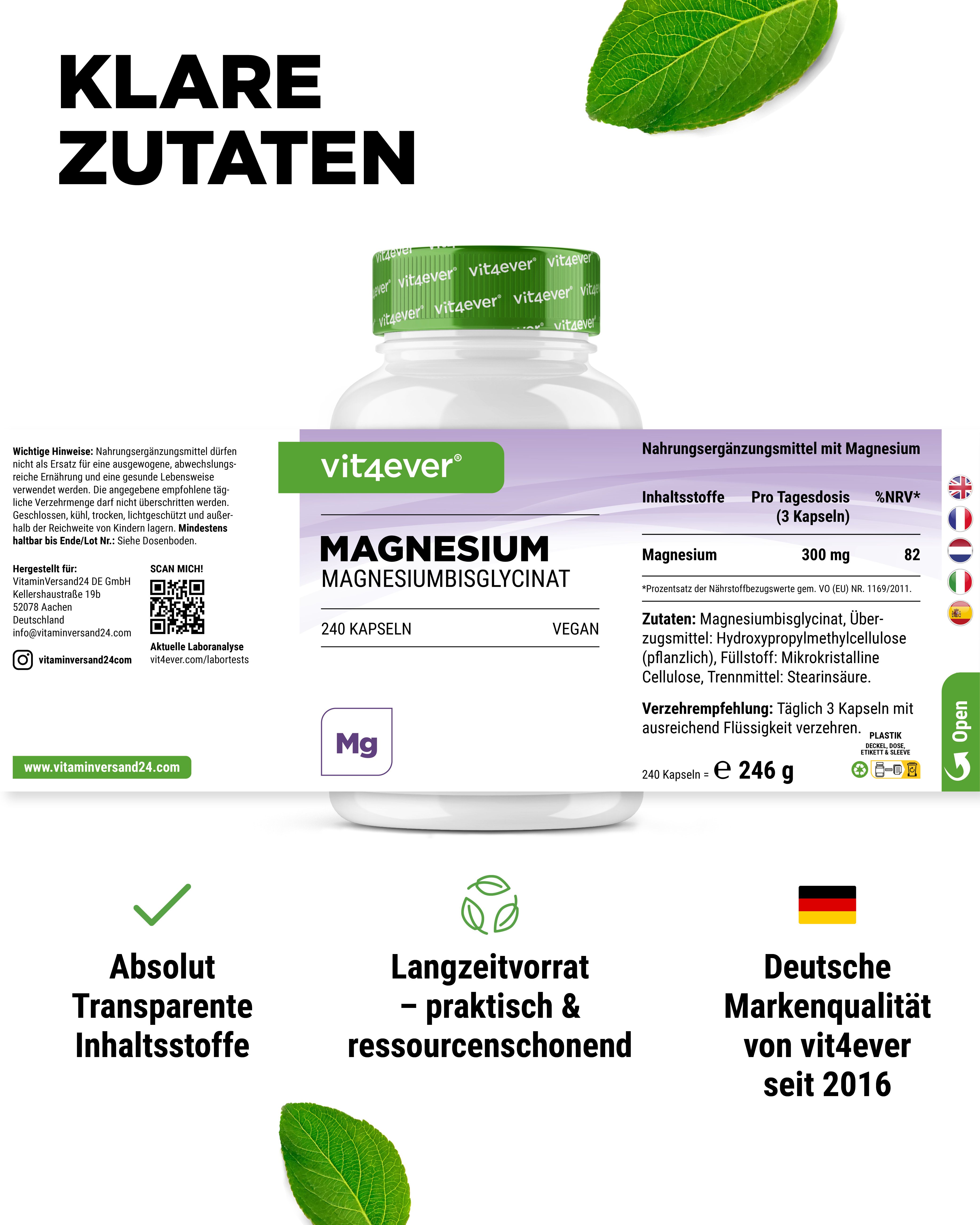 Weißes Pillenbehälter mit grünem Deckel. Text: Klare Zutaten. Informationen zu Inhaltsstoffen, Dosierung und Herkunft.