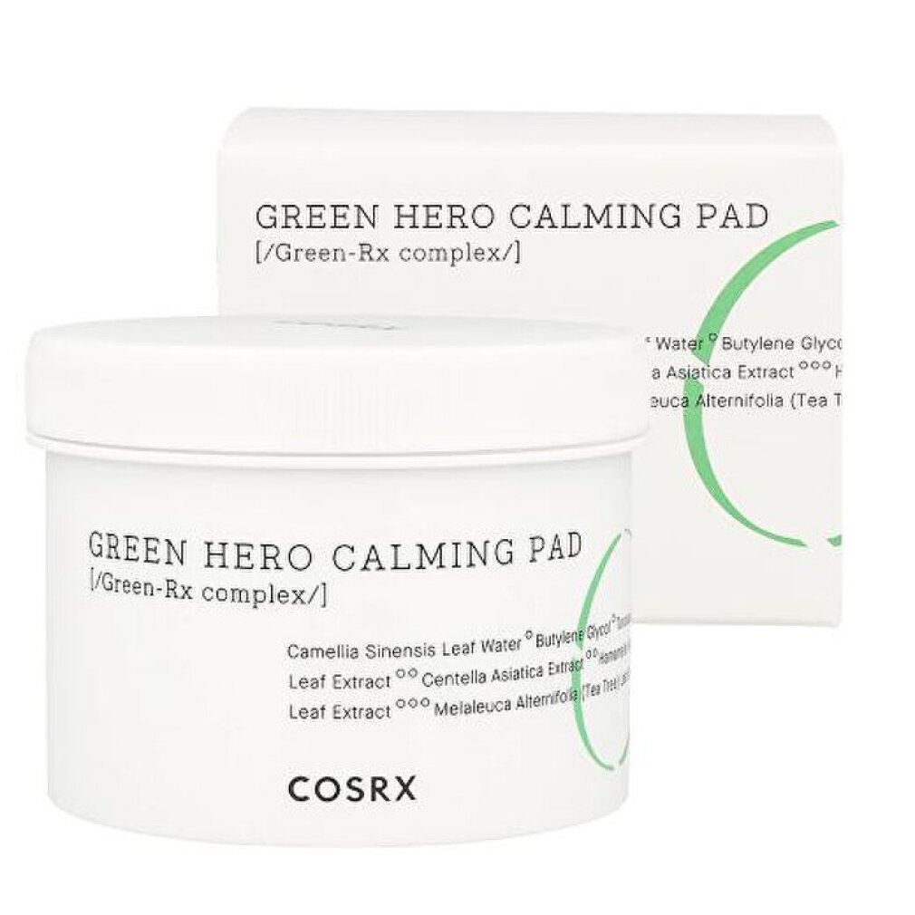 COSRX Green Hero Calming Pad: Tiegel und geöffnete Box mit Produktinformationen und grünen Akzenten.