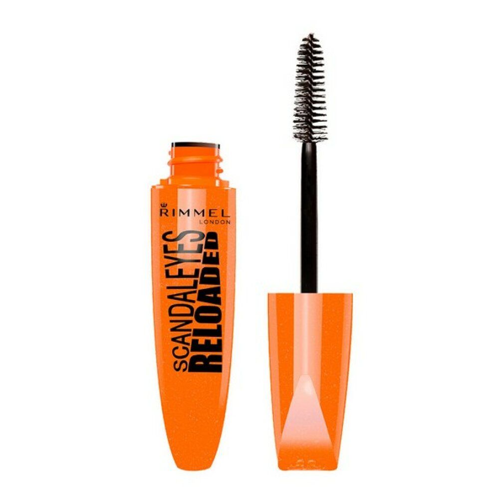 Orangefarbene Mascarabürste und -behälter. Schwarze Schrift: Scandaleyes Reloaded. Rimmel London.