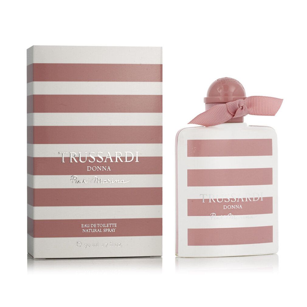 Rosa gestreifter Flakon und Schachtel. Aufschrift: Trussardi Donna Pink Marina.