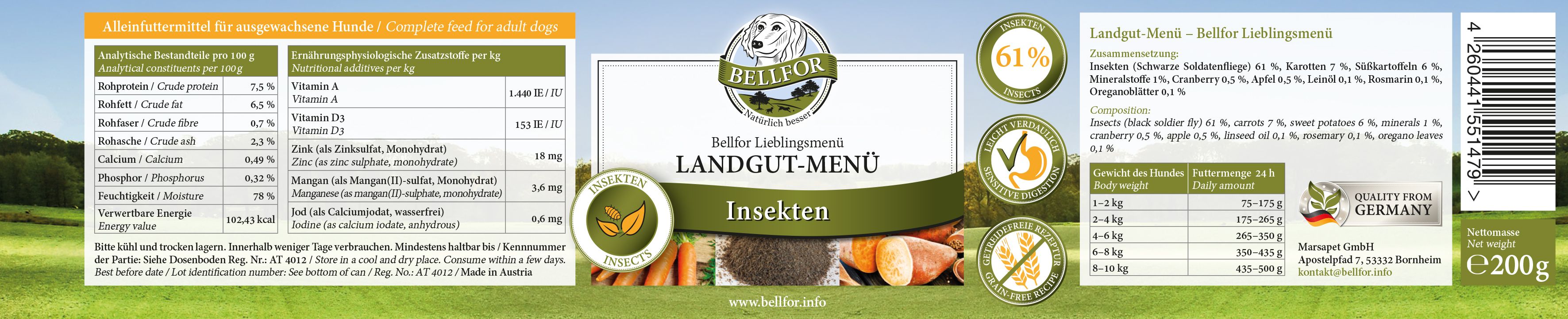 Bellfor Hypoallergenes Hundefutter Nass mit Insekten Getreidefrei - Landgut-Menü