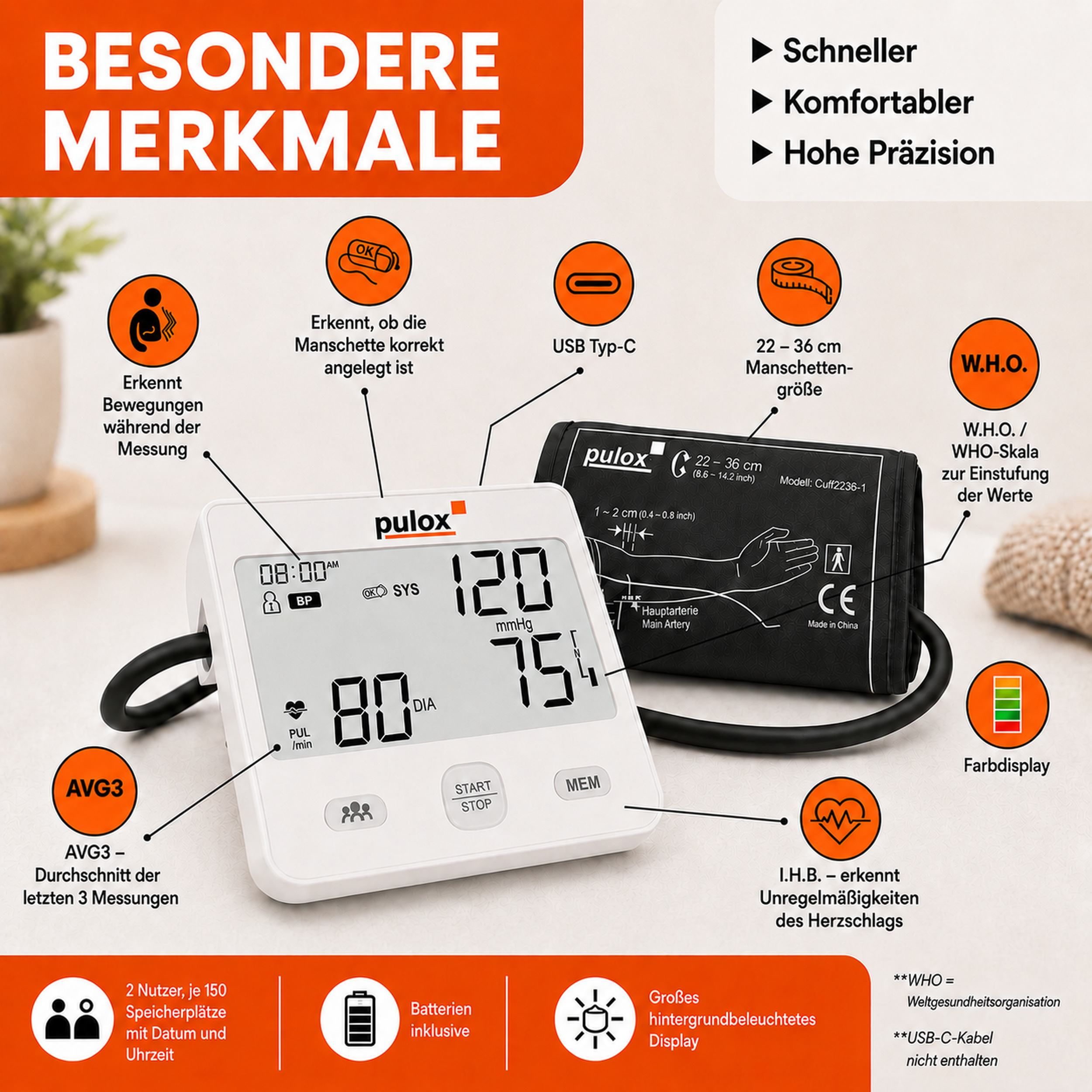 Pulox - BP-200 - Oberarm-Blutdruckmessgerät inkl. AFib-Erkennung