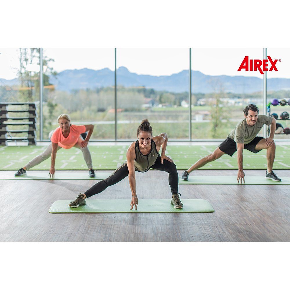 Drei Personen trainieren auf grünen Matten. Airex-Logo oben rechts. Im Hintergrund Berge und Fenster.