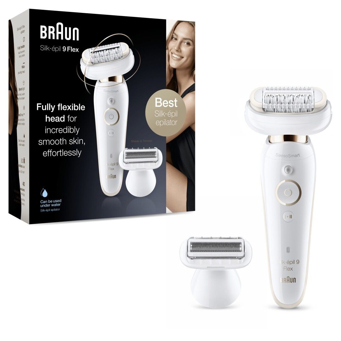 Produktverpackung mit Epilierer und Zubehör. Auf der Verpackung sind das Produkt und eine Frau abgebildet. Text: Braun Silk-épil 9 Flex.