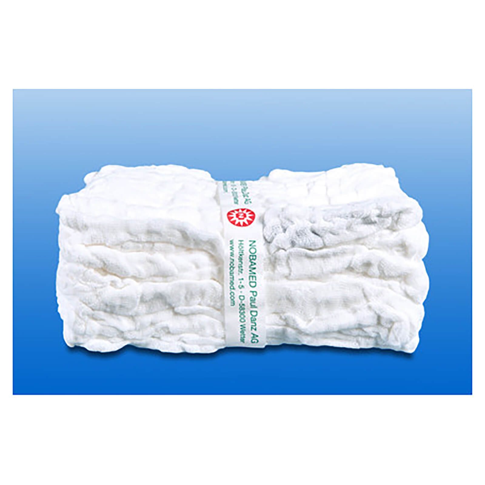 Weißes, vorgewaschenes Bauchtuch, gefaltet und gebündelt. Mit Band umwickelt. Aufdruck mit Logo und Text.