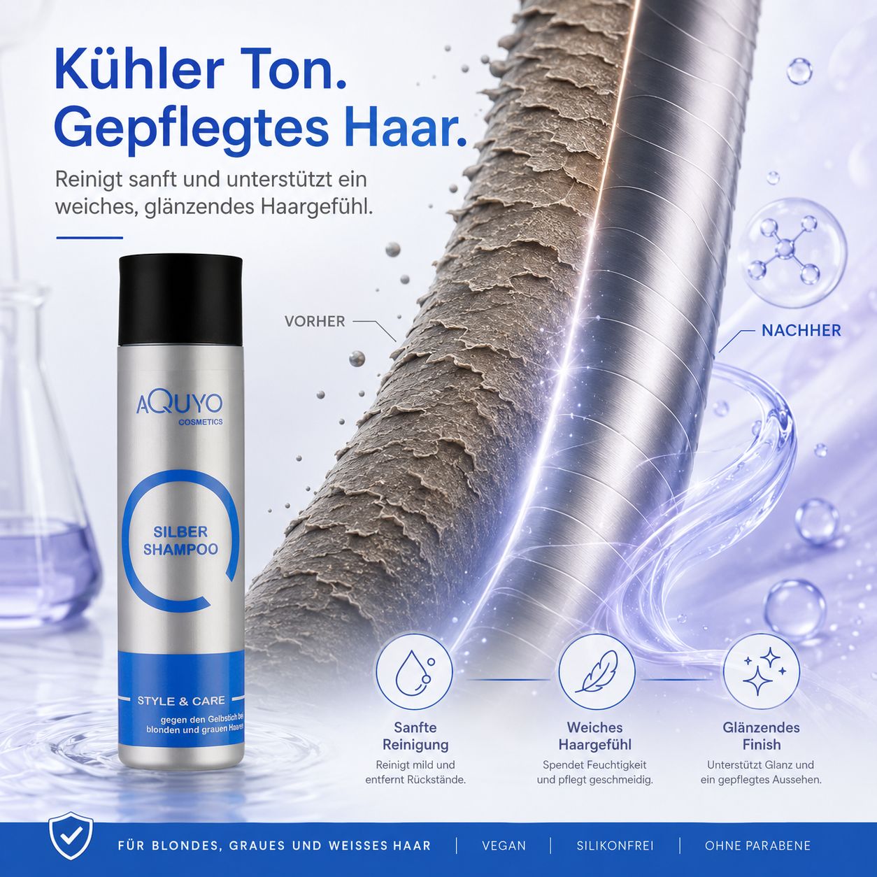 Produktabbildung: Aquyo Silbershampoo. Text: Kühler Ton. Gepflegtes Haar. Produkt, Haarschnitt-Detail, Icons.