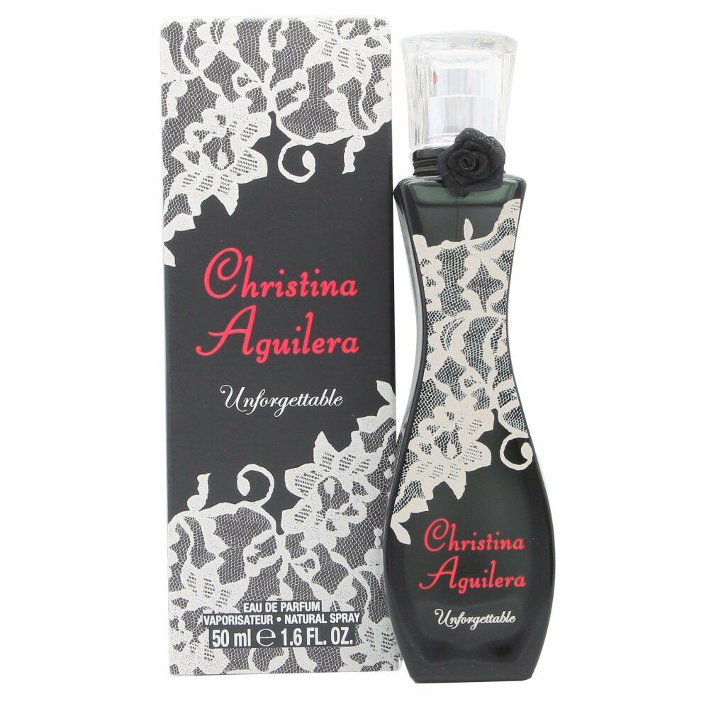 Schwarzer Flakon mit Spitze und Karton. Aufschrift: Christina Aguilera Unforgettable. 50 ml.