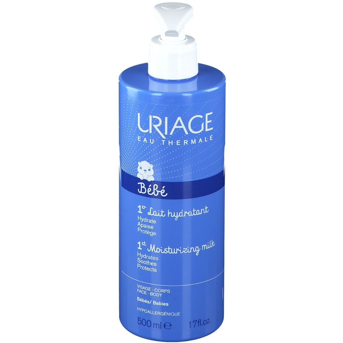 Flacon bleu avec pompe. Texte: Uriage Bébé, 1er Lait hydratant, 1er Moisturizing milk. 500ml, 17 fl.oz.