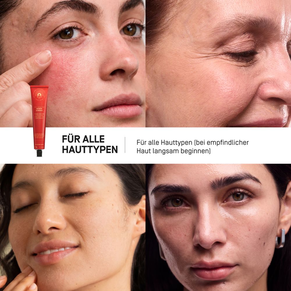 Viva Maia Maske in einem Korb mit Papayas und Beeren. Anleitung: 1-2 Mal pro Woche auftragen.