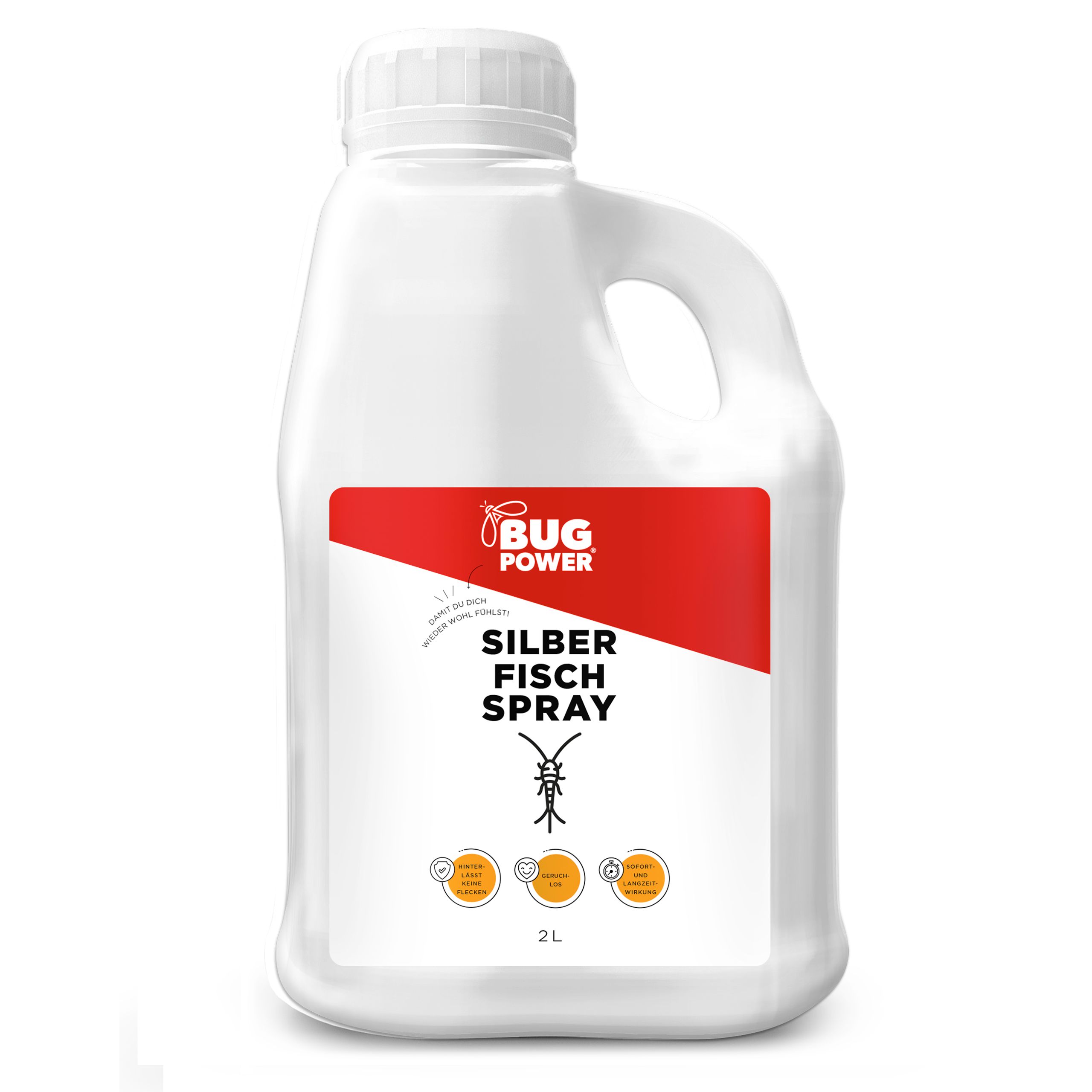 Weißer Kanister mit rotem Etikett. Aufschrift: BUG POWER, SILBER FISCH SPRAY. 2L-Angabe.