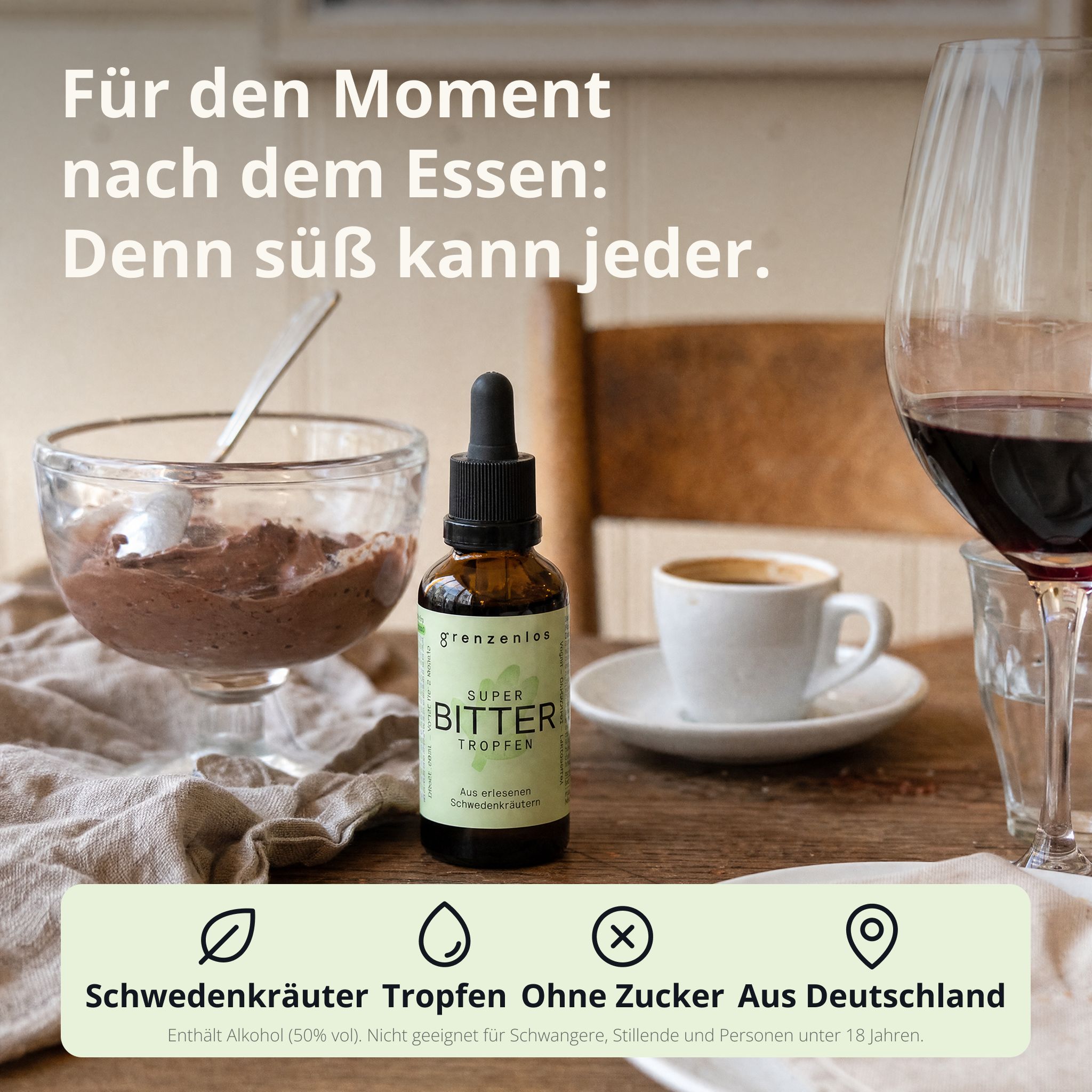 Flasche Super Bitter Tropfen mit Pipette. Etikett mit Nährwertangaben und Siegeln 'Made in Germany'.