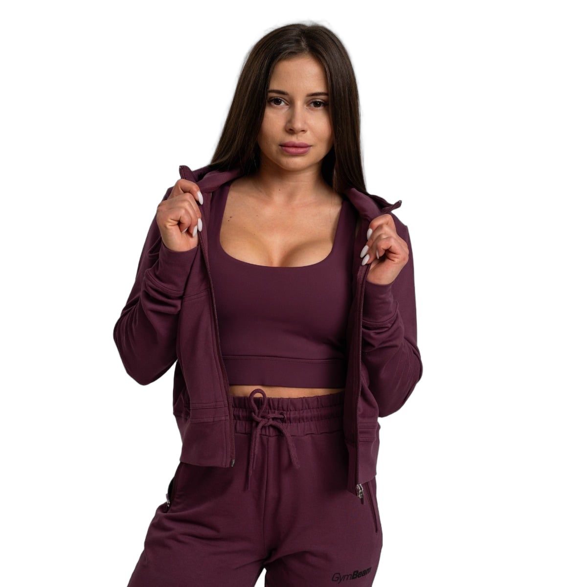 GymBeam Hoodie Damen slim cropped mit Kapuze und Reißverschluss in Eggplant