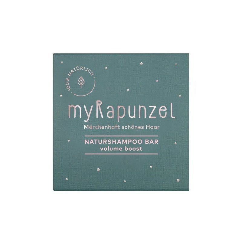 Quadratische Verpackung. Aufschrift: myRapunzel, NATURSHAMPOO BAR volume boost. Grün mit weißen Punkten und Logo.