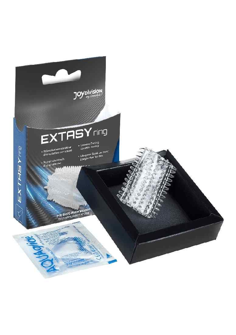 EXTASYring und AquaGlide in schwarzer Schachtel. Transparentes Material.