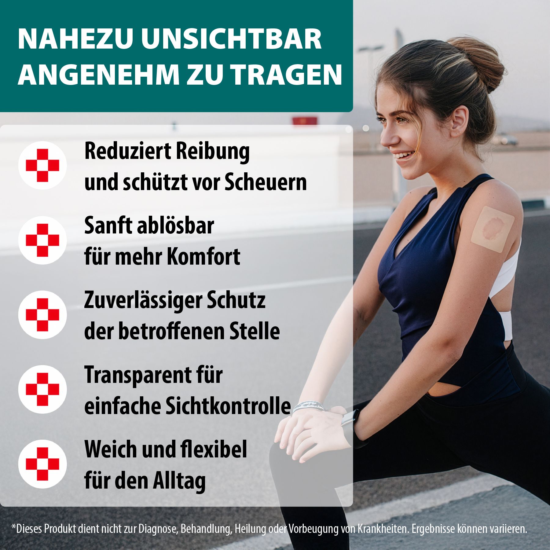 Frau in Sportkleidung. Text: Nahezu unsichtbar, angenehm zu tragen. Eigenschaften: reduziert Reibung, sanft ablösbar, zuverlässiger Schutz, transparent.