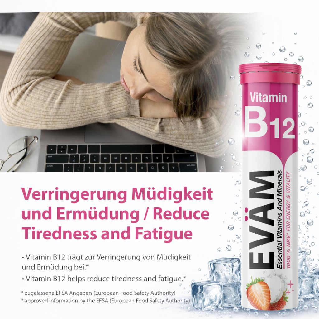 Packung EVÄM Vitamin B12. Text: Müdigkeit reduzieren. Eiswürfel. Frau am Laptop.