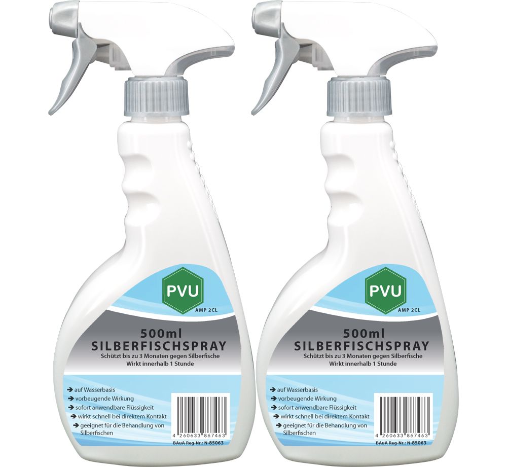 Zwei weiße Sprühflaschen mit grauem Sprühkopf. Aufschrift: PVU Silberfischspray, 500ml. Grüne sechseckige Logos.