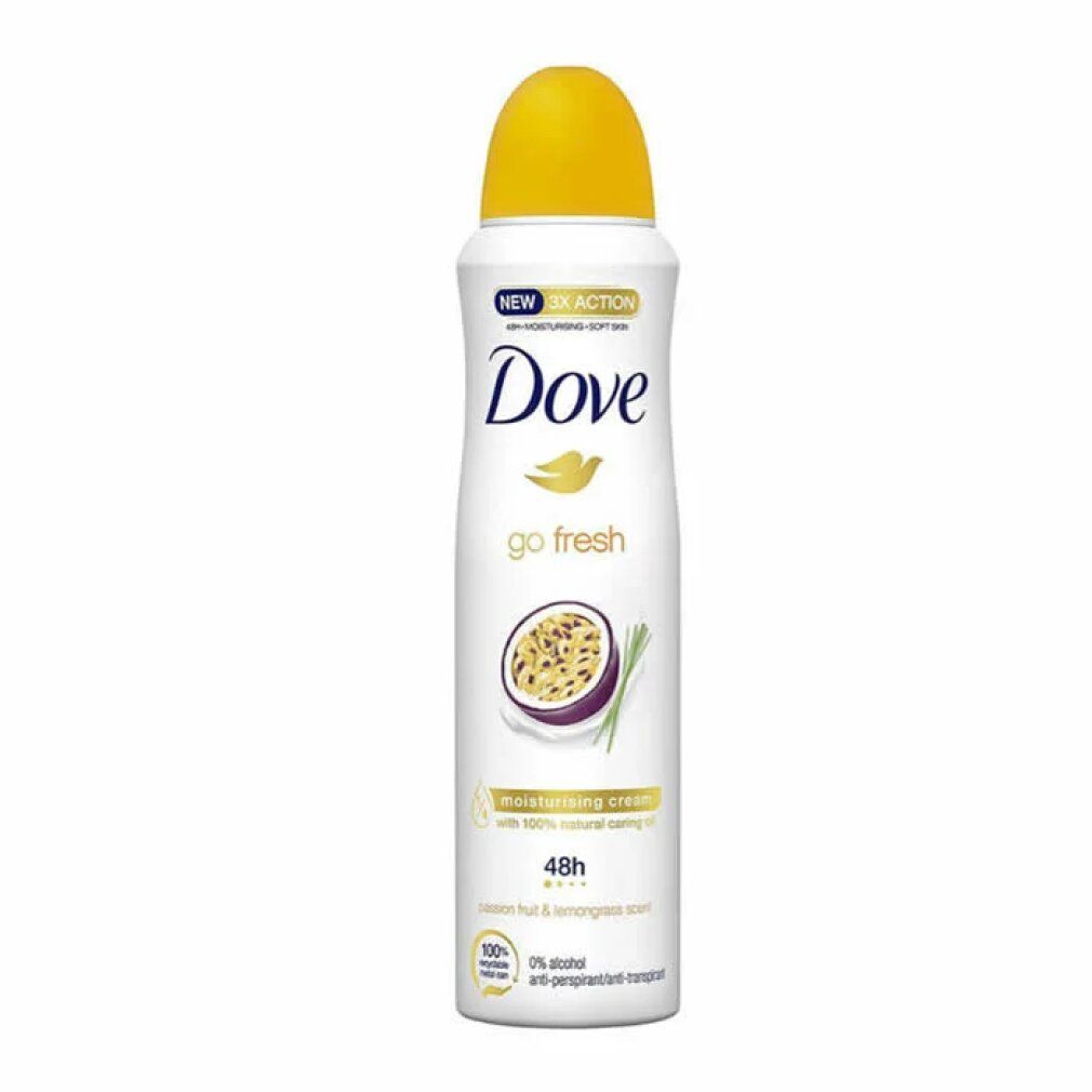 Weißes Deo mit gelbem Deckel. Aufschrift Dove go fresh. Abbildung einer Passionsfrucht und Zitronengras. 48h Schutz.