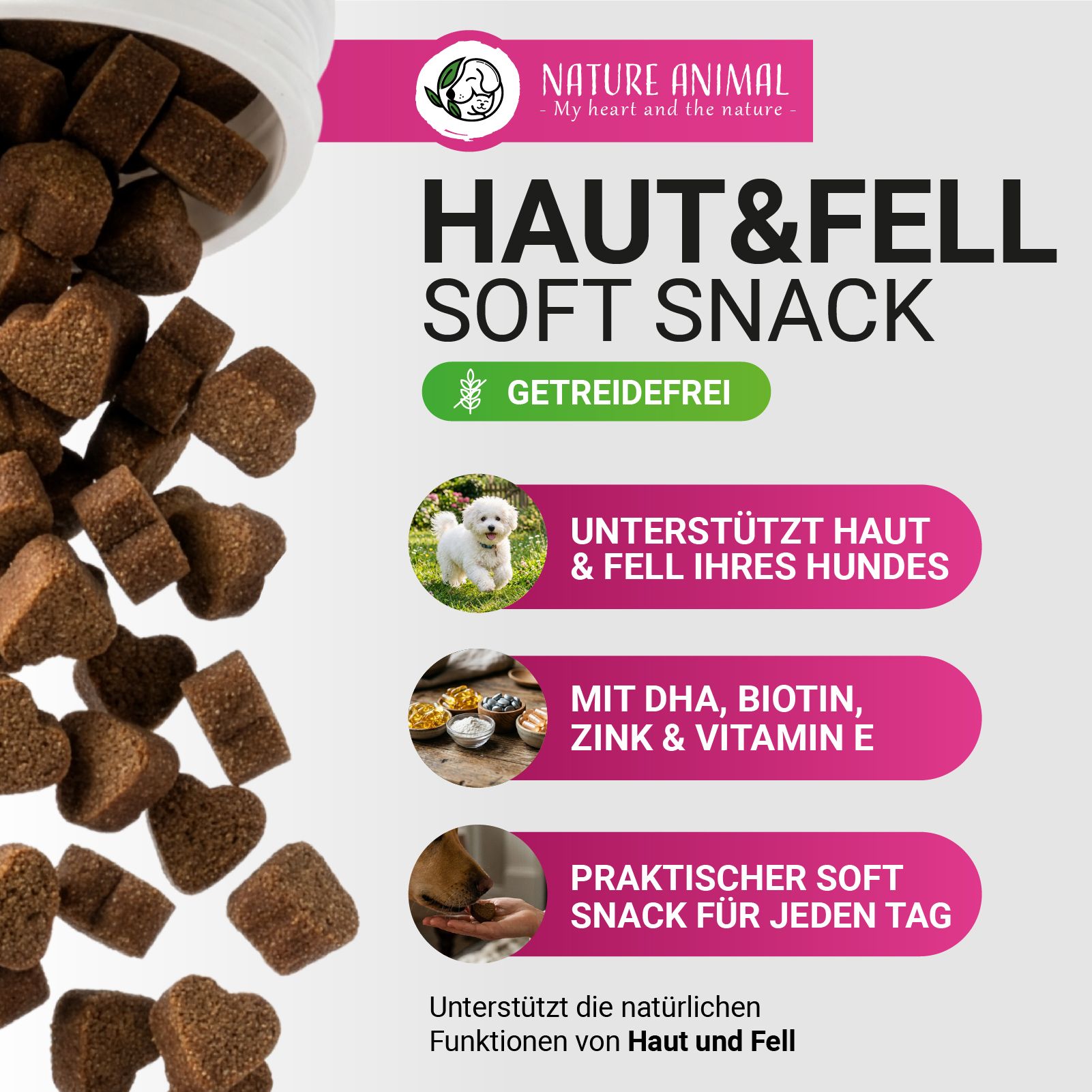 Haut & Fell Soft Snack für Hunde, getreidefrei, mit DHA & Biotin.
