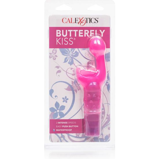 Verpackung mit rosa Vibrator. Marke CAL EXOTICS, Modell BUTTERFLY KISS. 3 Geschwindigkeiten, wasserdicht.