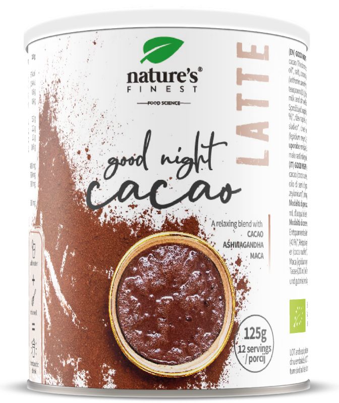 Weißes zylindrisches Gefäß mit braunen Spritzern. Aufschrift: Nature's Finest, Good Night Cacao, Latte. Mit Kakao, Ashwagandha, Maca.