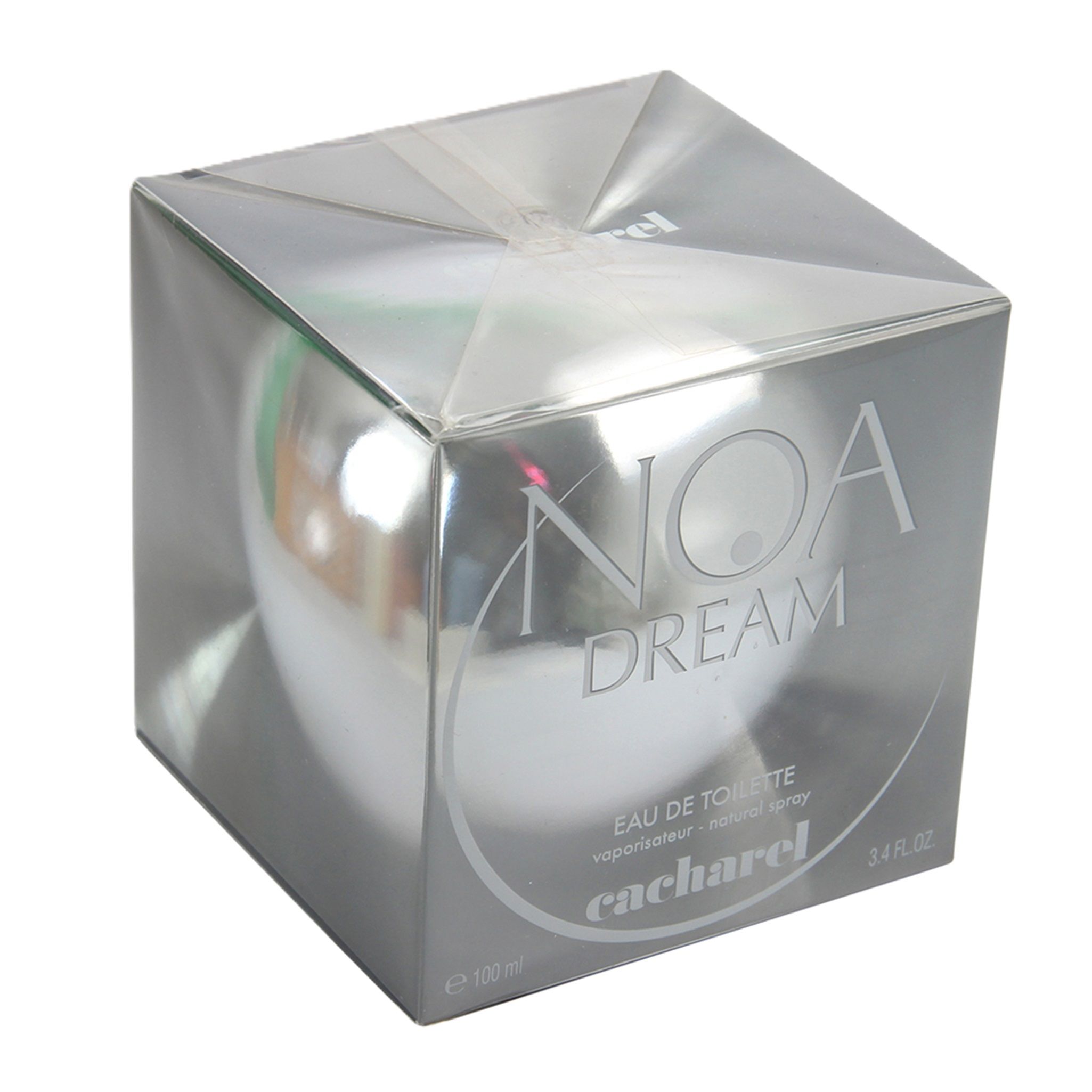 Silberfarbener Karton mit einem runden Flakon. Aufschrift: NOA DREAM, Eau de Toilette, Cacharel. 100 ml.