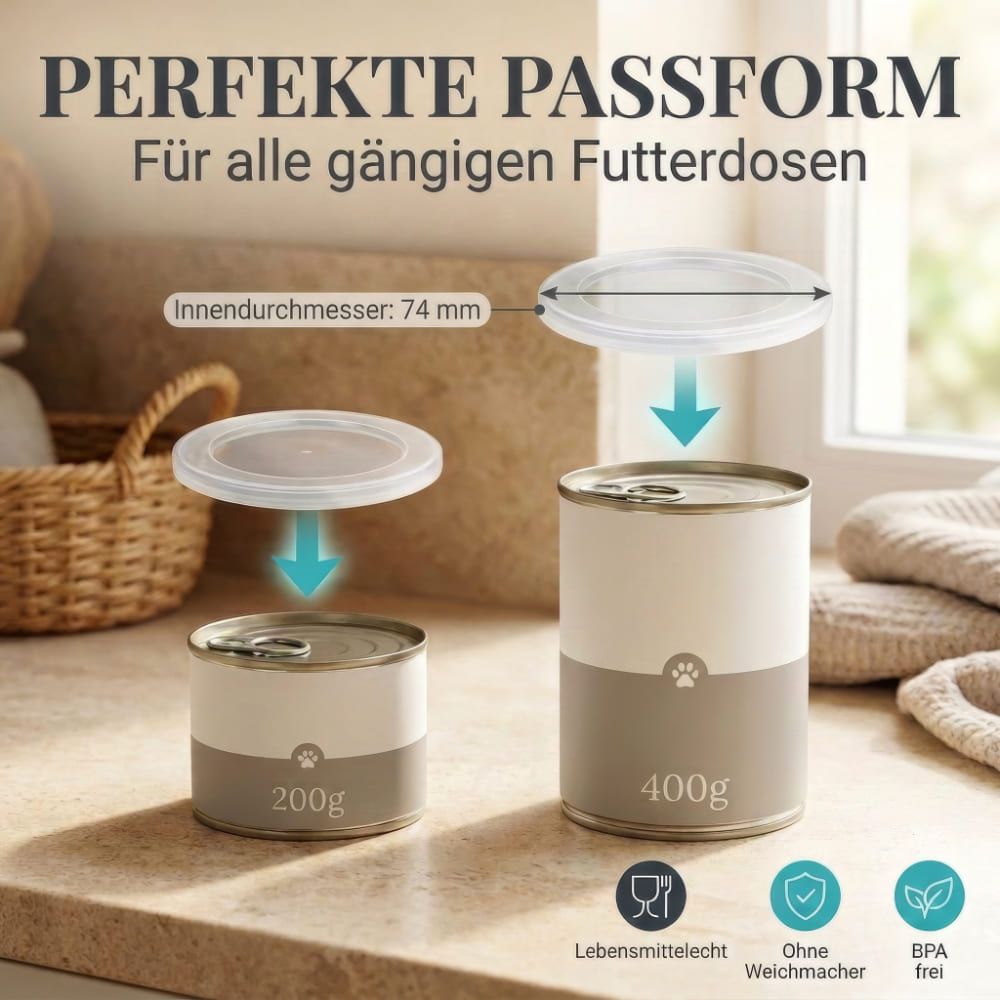 Zwei Dosen mit Deckel. Aufschrift: PERFEKTE PASSFORM. Innendurchmesser: 74 mm. Dosen mit 200g und 400g Inhalt.