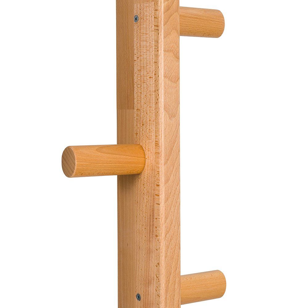 Holz-Turnwand-Element mit runden Sprossen. Hellbraunes Holz, Schrauben sichtbar. Drei Sprossen horizontal angebracht.