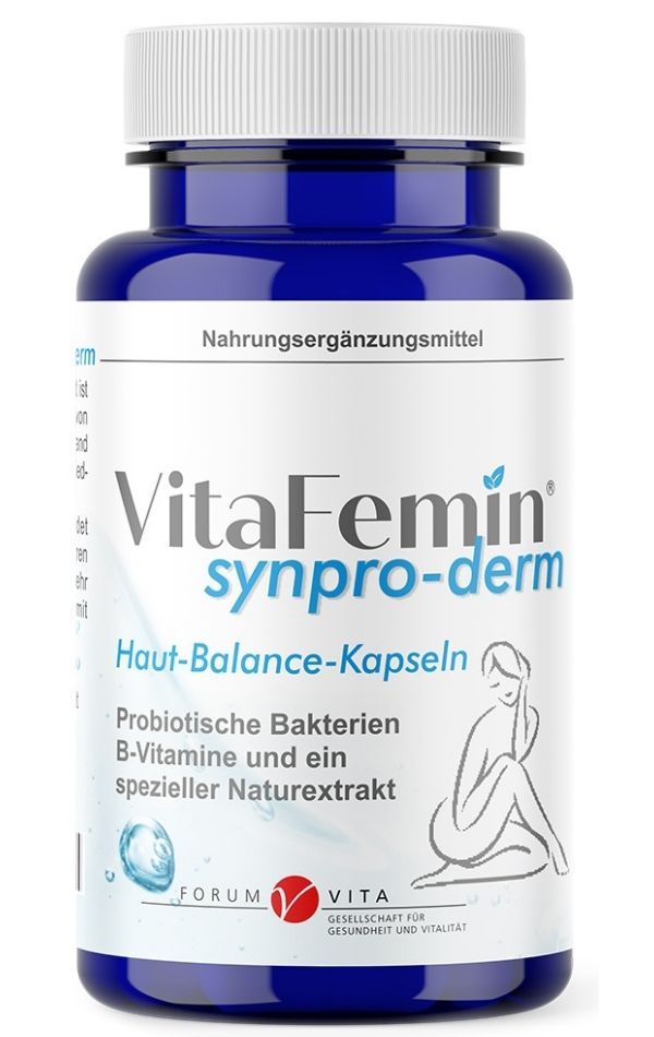 Blaue Flasche mit weißem Deckel. Aufschrift: VitaFemin synpro-derm Haut-Balance-Kapseln. Enthält Probiotika, B-Vitamine und Naturextrakt.