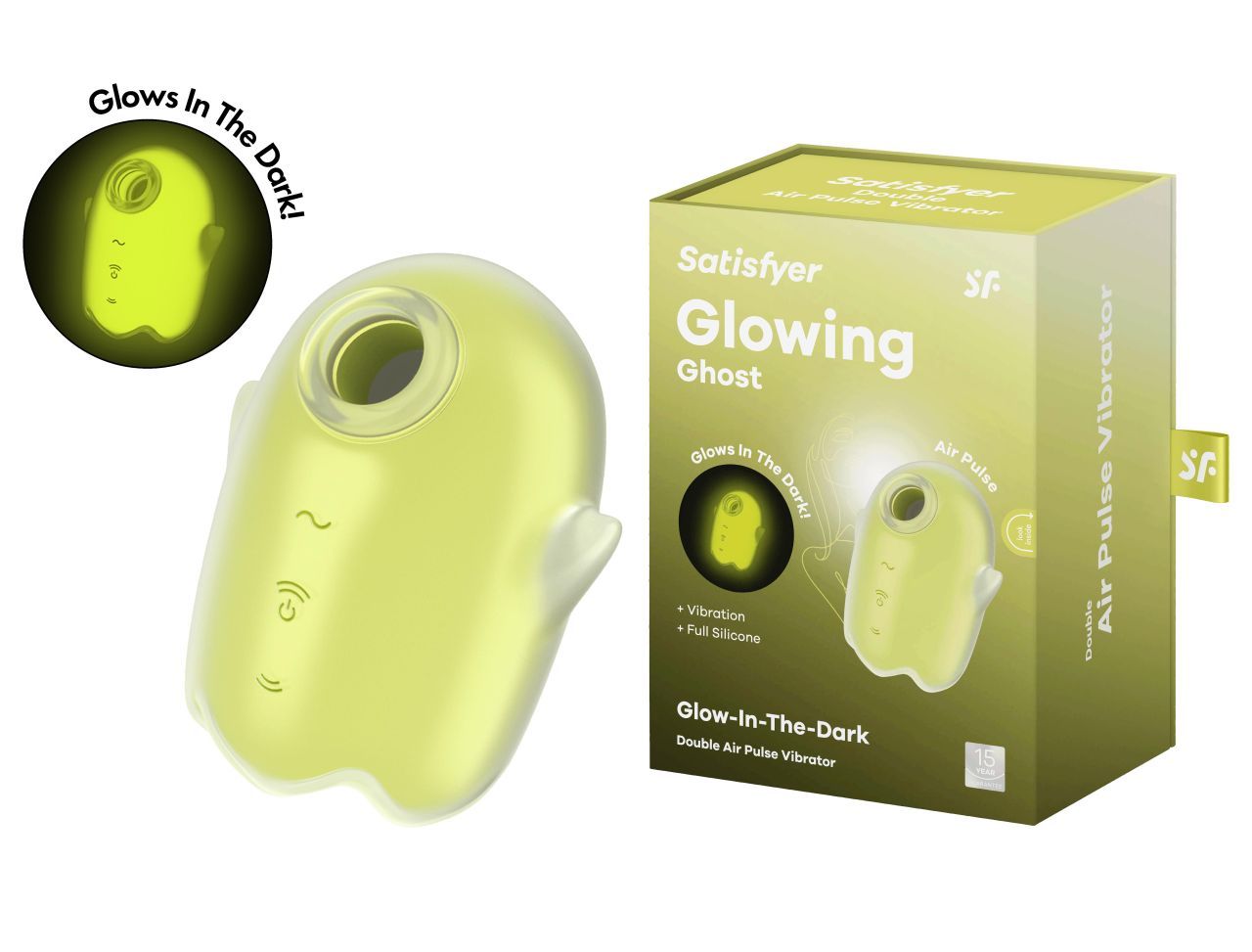 Vibrator und Verpackung. Aufschrift: Satisfyer Glowing Ghost. Produkt leuchtet. Produktmerkmale und Logo.