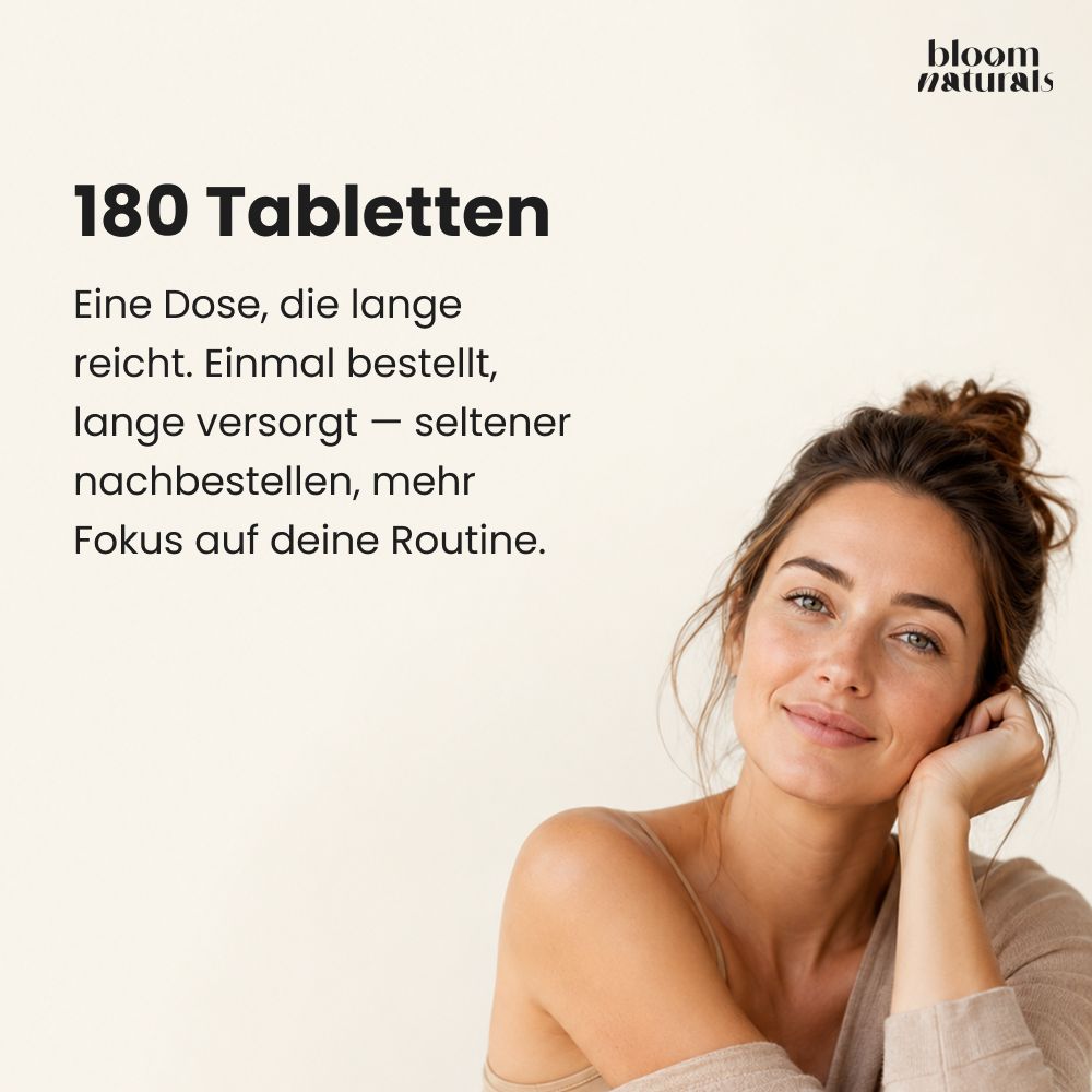Frau lächelt, daneben Text über 180 Tabletten als langanhaltende Versorgung.