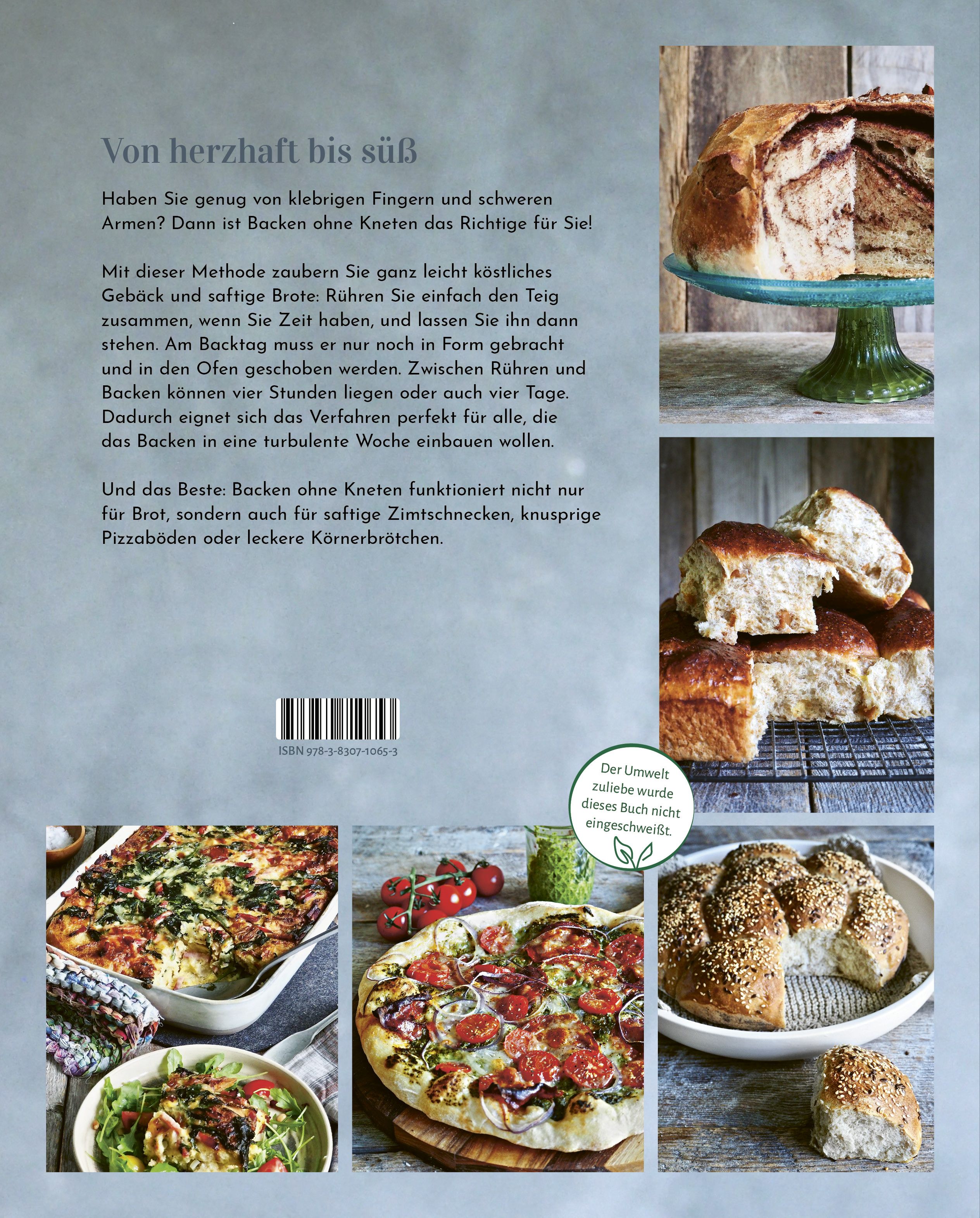 Buchrückseite mit Rezepten.  Brot, Zimtschnecken, Pizza und andere Gerichte.  Text und ein Umweltzeichen.