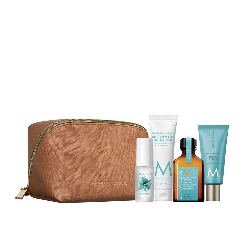 Moroccanoil Travel Kit Body: Kosmetiktasche mit Duschgel, Haarpflege, Handcreme und Duftöl.