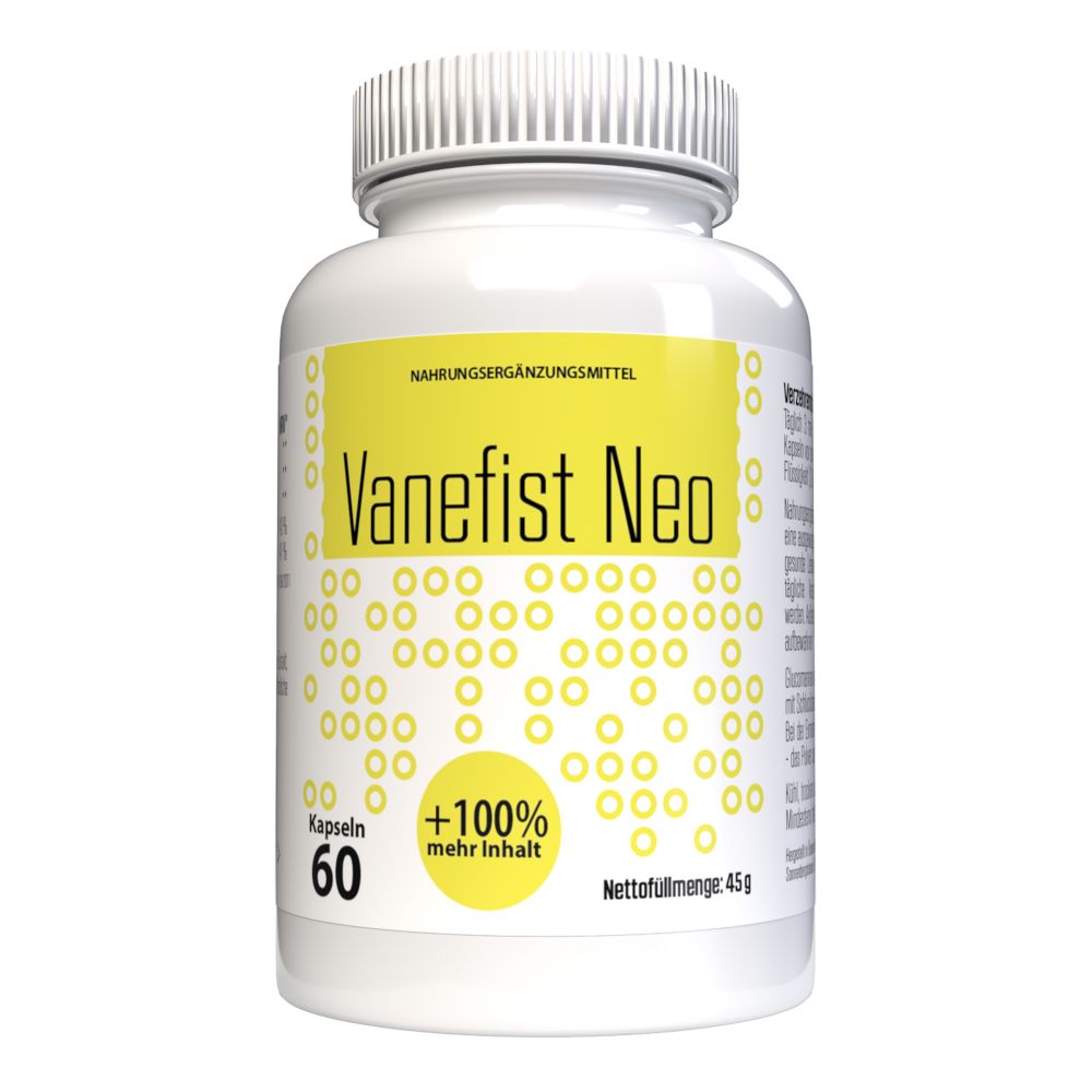 Weiße Flasche mit gelbem Etikett. Aufschrift: Vanefist Neo, 60 Kapseln, +100% mehr Inhalt. Nahrungsergänzungsmittel.