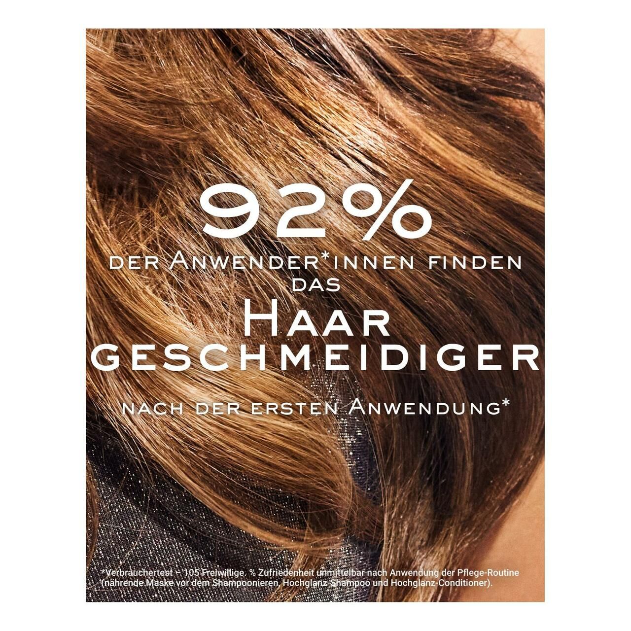 Haaransicht mit Text: 92% der Anwender*innen finden das Haar geschmeidiger nach der ersten Anwendung.