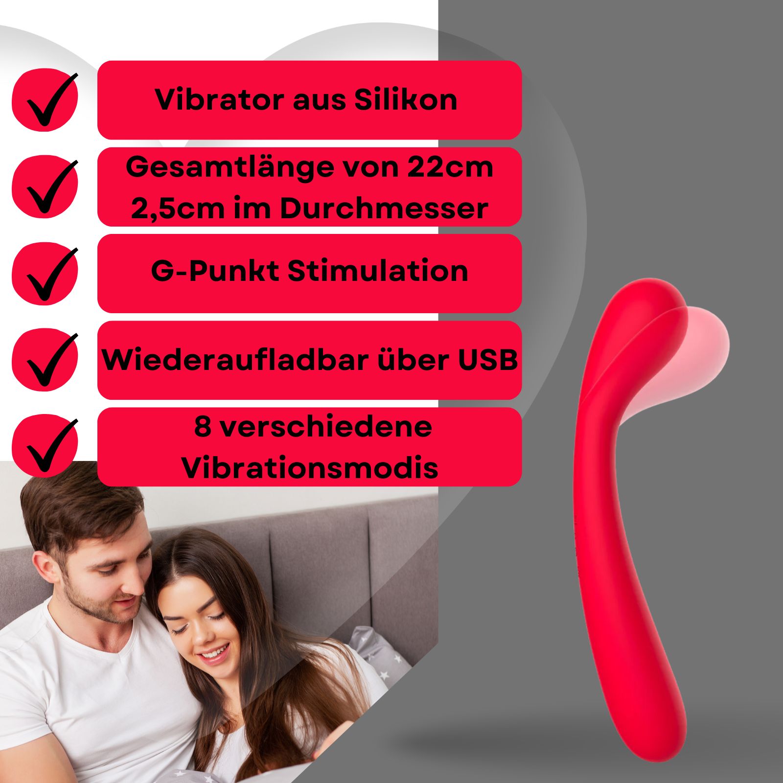 Roter Vibrator neben Text. Text: Vibrator aus Silikon, 22cm lang, 2,5cm Durchmesser, G-Punkt Stimulation, USB aufladbar, 8 Modi.