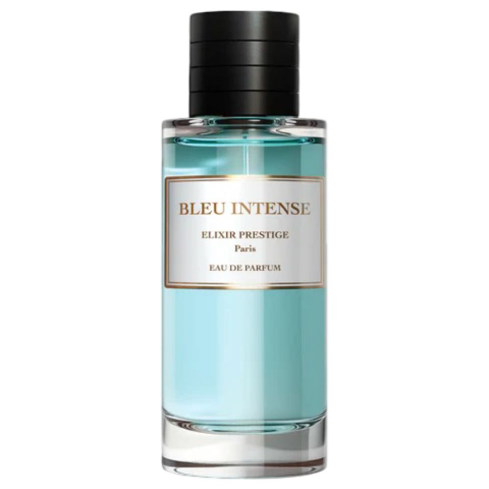 Blaues Parfum in Glasflakon mit schwarzem Verschluss. Etikett mit "Bleu Intense", "Elixir Prestige", "Eau de Parfum".