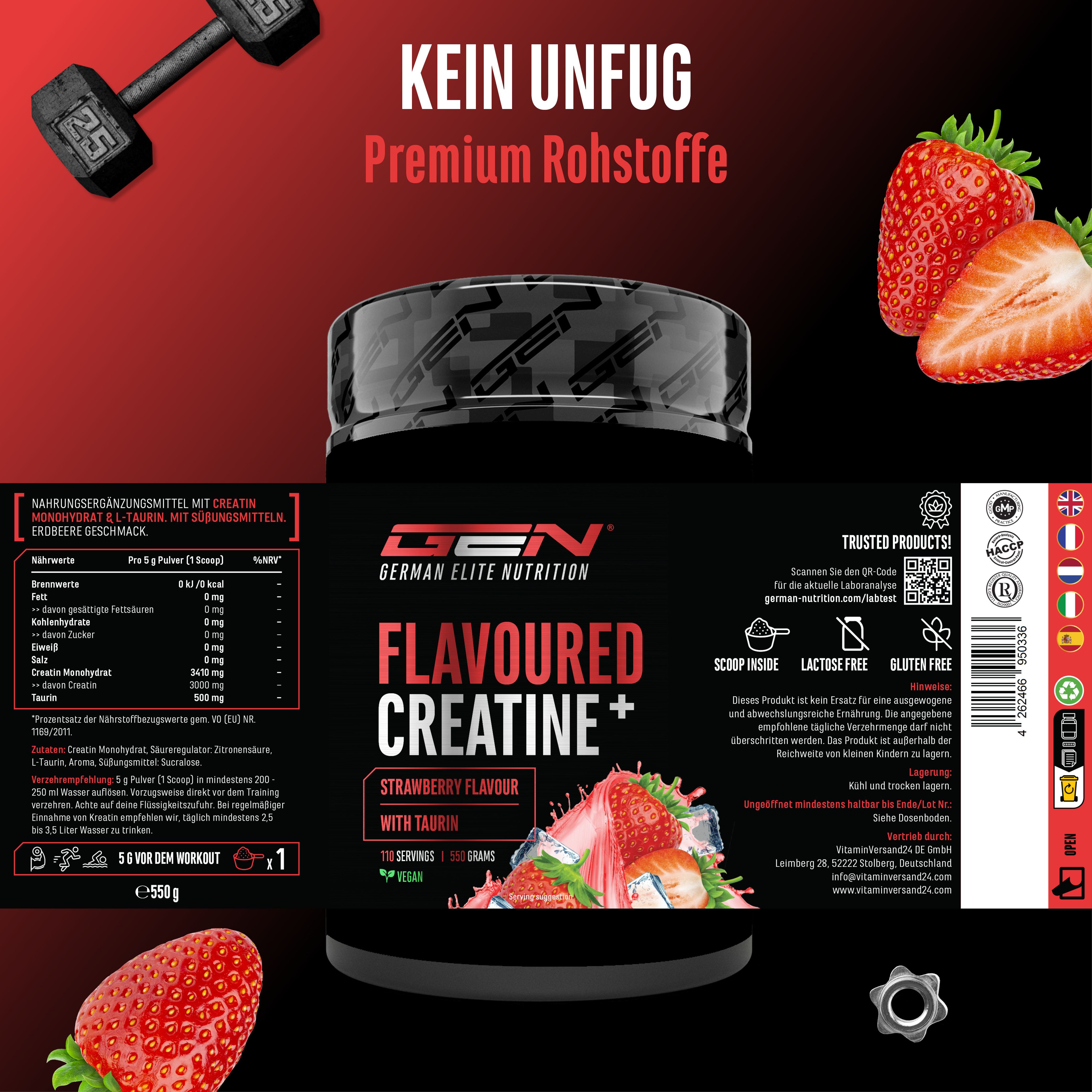 Produktverpackung von FLAVOURED CREATINE+. Enthält Nährwertangaben und Informationen. Erdbeergeschmack.