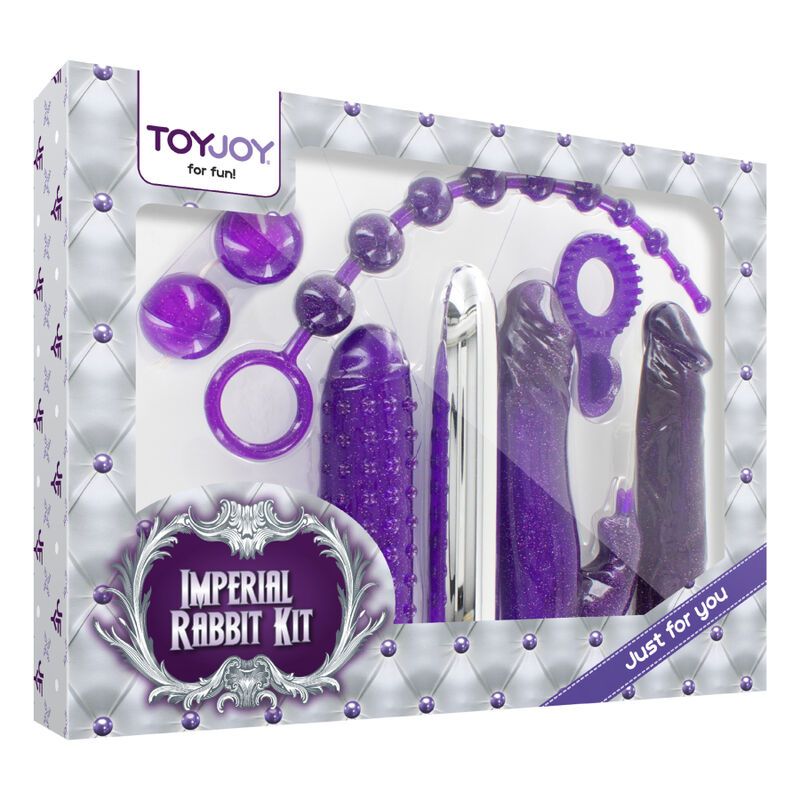 Verpackung mit lila Vibratoren und Perlenkette. Produktname: Imperial Rabbit Kit. Marke: Toyjoy.